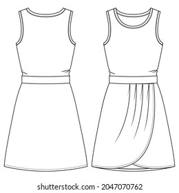 Girls Knit Dress Fashion flat sketch, kids dress technical drawing, wrap skirt detail