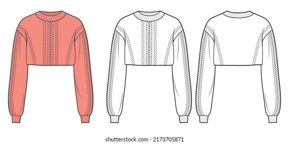 Girl's knitted Crop Sweater fashion design, cad mockup, orange color. Crop Pullover fashion flat technical drawing template, front and back.