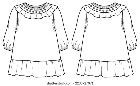 Girls knitted dress design with neck ruffles flat sketch fashion illustration vector template with front and back view,  Toddler baby girl frock dress