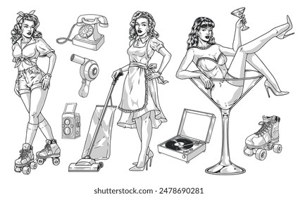 Girls last century monochrome set stickers with cheerful young ladies roller skating and dancing or doing housework vector illustration