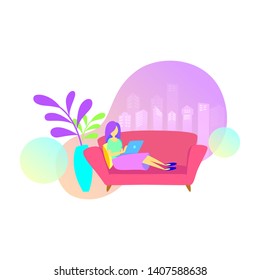 Girls lay down on sofa and shopping online by computer, Online shopping concept, Flat design.