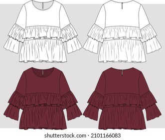 Girls layered bell sleeve top with ruffles flat sketch