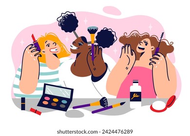 Girls learn to do makeup before school party for junior high students, and use mascara and lipstick. Laughing female kids doing makeup, taking care facial skin and trying to stand out from classmates