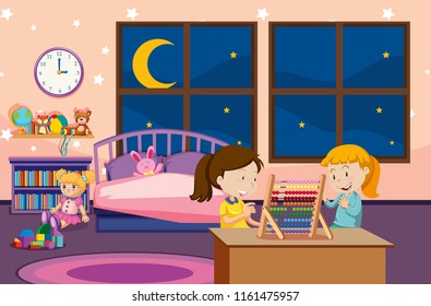 Girls learning abacus in bedroom illustration