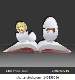 Girls leaving eggs on pop-up book. Vector illustration.