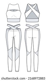 Girl's Leggings Pants, Crop Top fashion flat sketch template.  Sports Wear fashion CAD, set. 