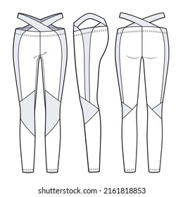 Girl's Leggings Pants fashion flat sketch template. Women's cutout Leggings Pants fashion flat cad. Sports Wear fashion design set. 