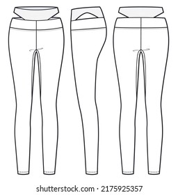 Girl's Leggings Pants fashion flat sketch template. Women's cutout Leggings Pants fashion flat cad. Sports Wear fashion design set. 