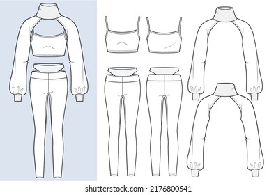 Girl's Leggings,cropped Sweatshirt, Tank Top design fashion flat sketch template. Sweatshirt with rib collar, Crop Tank Top, Leggings Pants fashion cad mockup set, front and back view, white.