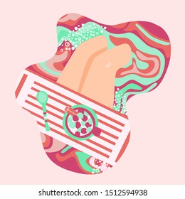 Girl's legs in a bath hand drawn vector illustration. A young girl relaxes in a foam bathtub with a stand with a drink with marshmallows and a spoon.