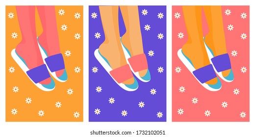 Girls legs in flip flops collection. Brighn colorful cartoon cover for design birthday gift card,  party invitation, feminism  event, shop sale, night out t shirts print etc. 