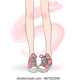  Girls legs in gym shoes. Vector illustration.