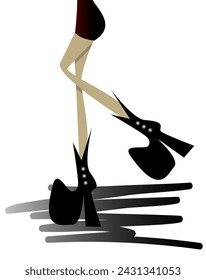 Girls legs with high black punk rock shoes, fashionable creative high heeled boots with buckles and studs. Isolated vector artistic illustration.