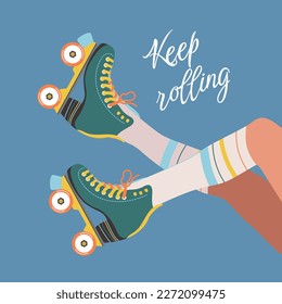 Girl's legs wearing retro roller skates and socks. Vector illustration of a roller skating woman and "Keep Rolling" message in colorful flat style. 70s or 80s roller disco concept.