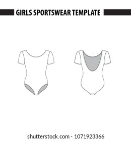 Girls leotard with short sleeves. Vector template, mockup for sample demonstration. Kids leotard, sport suit for gymnastics, acrobatics, dance. Vector illustration in outlines.