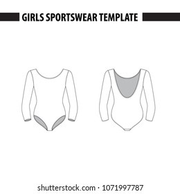 Girls leotard with three quarters sleeves (3/4). Vector template, mockup for sample demonstration. Kids leotard, sport suit for gymnastics, acrobatics, dance. Vector illustration in outlines.