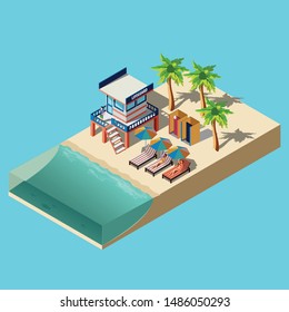 the girls lie on the beach in the sun loungers on the sea under the palm trees and with a lifeguard booth. isometric summer vector illustration