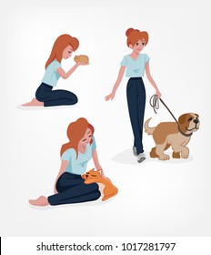 Girl's lifestyle with pets. Cat, dog, cavy rodent. Vector set illustration.