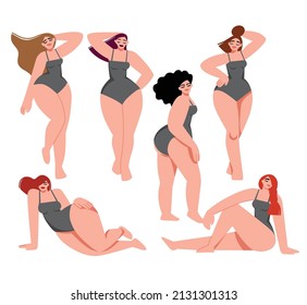Girls with light skin in various poses. Body positive. Love your body