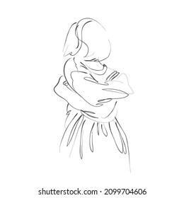Girl's line portrait. Hand drawn modern fashion illustration of abstract young woman hugging herself, quick sketch, vector illustration
