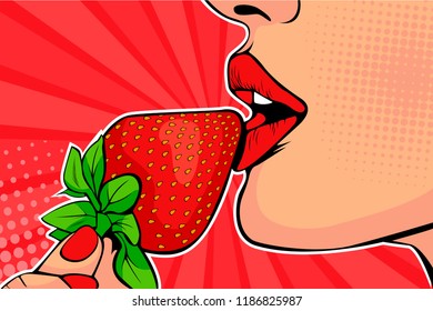 Girls Lips With Strawberry. Woman Eating Healthy Food. Erotic Fantasy. Vector Illustration In Pop Art Retro Comic Style.