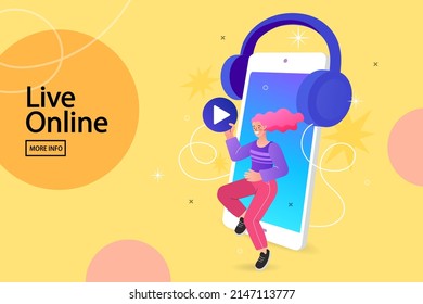 Girls Listen To Music And Enjoy Sound. Cartoon Characters Set Listening Audio Through Earphone. People With Headphones. Online Podcasting Show, Radio. Flat Vector Illustration.