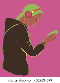 Girls listen to music. Suitable for greeting cards, packaging, labels, business cards, Wallpaper, and fabrics. Vector, EPS 10