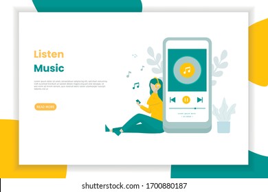 Girls Listen To Streaming Music Using A Cellphone. This Design Can Be Used For Websites, Landing Pages, UI, Mobile Applications, Posters, Banners