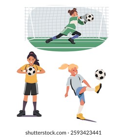 Girls little children football players cartoon characters enjoying team game training or championship match isolated set on white background. Talented female footballers practice vector illustration