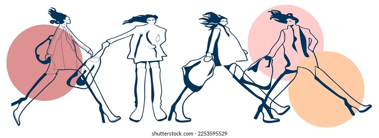 Girls with long hair in coats and boots. Graphics. Illustration on the theme of fashion, active lifestyle, work, business.