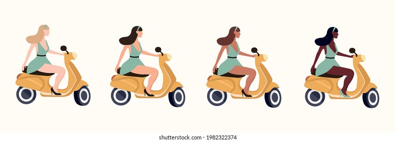 Girls with long hair in dress. Women riding a yellow scooter. Multinational set. Women of various races. Vector illustration in a flat style.