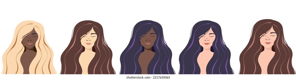 Girls with long hair in flat vector technique isolated on a white background