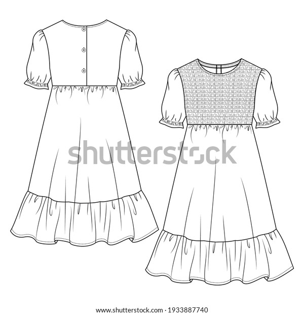 Girls\' Long Peasant Dress, flat sketch fashion\
template. Technical Fashion Illustration. Empire Waist Dress. Puff\
Sleeves. Seersucker Detail at\
front