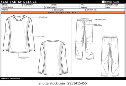 GIRLS LONG SLEEVE WITH PANT SET DRESS FLAT SKETCH FASHION TEMPLATE TECHNICAL DRAWING ILLUSTRATION