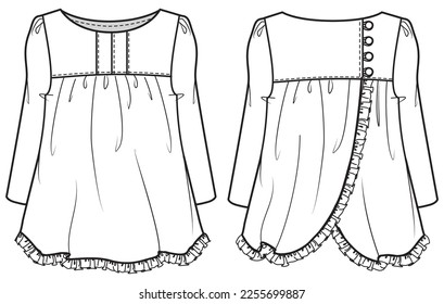 girls long sleeve ruffle hem dress flat sketch vector illustration front and back view technical cad drawing template