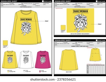 GIRLS LONG SLEEVE SNAKE WOMAN STREETWEAR VECTOR DIGITAL DTG DTF HEAT TRANSFER STICKER SUBLIMATION PRINT T SHIRT TECHPACK MEASUREMENT LAYOUT TEMPLATE DESIGN
