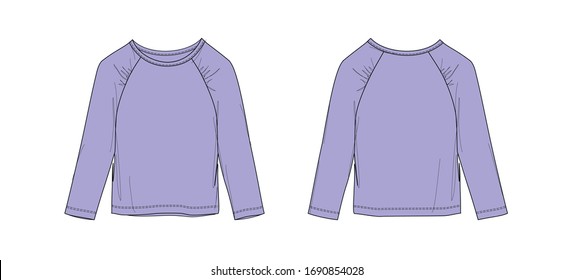 Diseño de pantalones T de manga larga para chicas, manga raglan que se recoge en la costura de la armadura, color violeta, boceto plano, vistas frontal y posterior