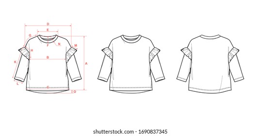 Girl's long sleeve t-shirt with ruffles, high-lo hem, flat sketch, front and back views, with measurements