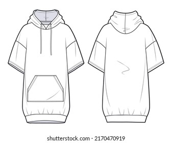 Plantilla de dibujo plano de moda de diseño de sudaderas largas. Sudor de Hoodie sobredimensionado con plancha de dibujo técnico de mangas cortas. Cad de moda Hoodie.