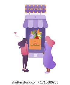 Girls look at the storefront with groceries. Window shop in mobile application. Buy online during quarantine. Flat vector
