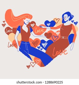 Girls in love with hearts on background. Flat vector people. St. Valentine's day