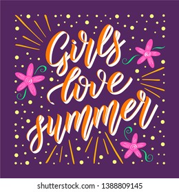 Girls love summer. Bright colorful square illustration. Child design element for cards or clothes. Isolated elements. Purple, pink, orange colors, 3 d shadow effect. Script lettering.