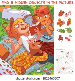 Girls lying on the grass in the park. Find 8 hidden objects in the picture. Puzzle Hidden Items. Funny cartoon character