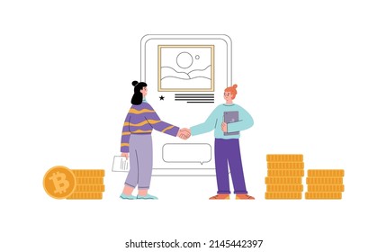 Girls make good deal for buying and selling NTF product flat style, vector illustration isolated on white background. People shake hands, bitcoin sign, stacks of coins