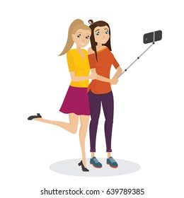 Girls make selfie with Stick for selfie. Isolated Illustration. One girl is in pink skirt and another girl is in jeane