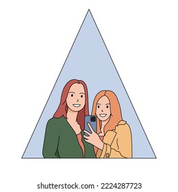 Girls makes selfie in the mirror. Friends or sisters. Women taking picture photo of herself on smartphone. Fashion, Social media concept. Flat outline style. Vector illustration
