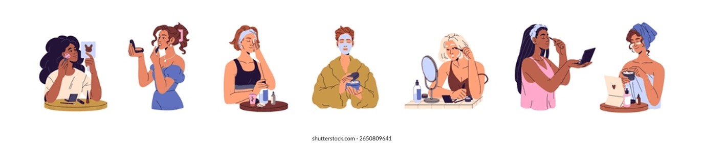 Conjunto de maquiagem para garotas. As mulheres jovens vislumbram e removem cosméticos. As pessoas se preocupam com a pele, rosto com a rotina da beleza. Cuidados com a pele feminina, tratamento diário. Ilustrações de vetor isoladas planas sobre fundo branco