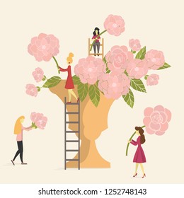 Girls making bouquets of pink roses  in vase. Women arranging flowers. Vector illustration.