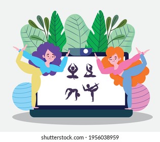 girls making online yoga lesson