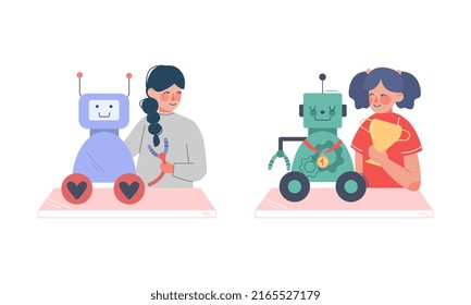 Girls making and programming robots set. Robotics for children cartoon vector illustration